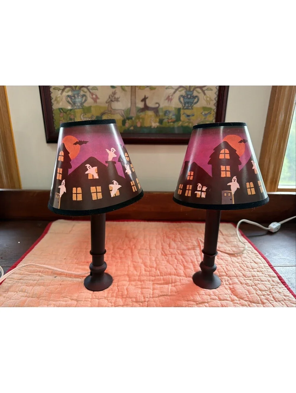 Vintage Pair Halloween Mini Lamps With Shade Ghost Haunted House Spooky Cute
